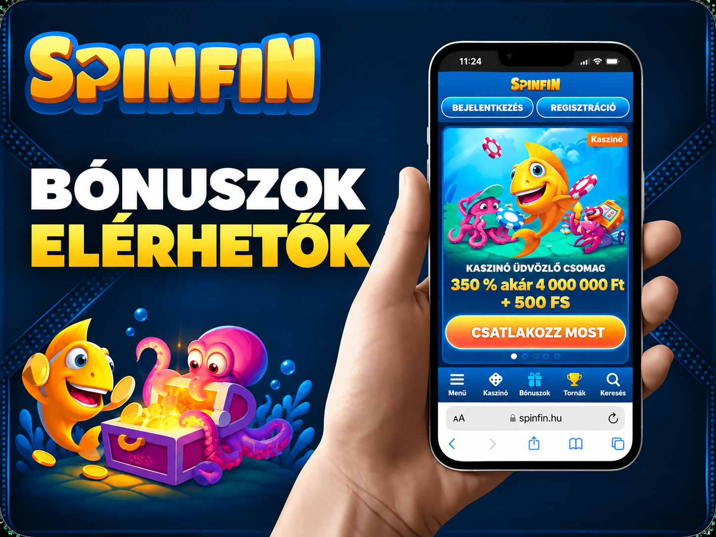 Mobile screenshot of the Spinfin app home screen