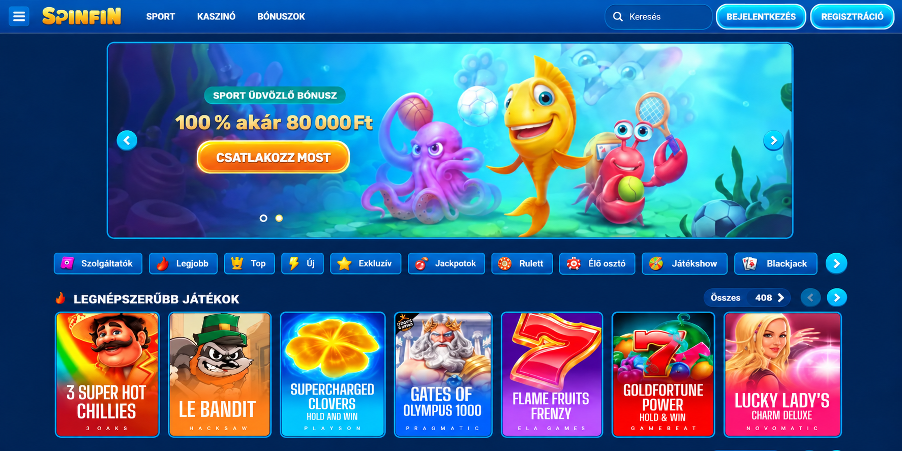 Spinfin homepage as displayed on a desktop browser